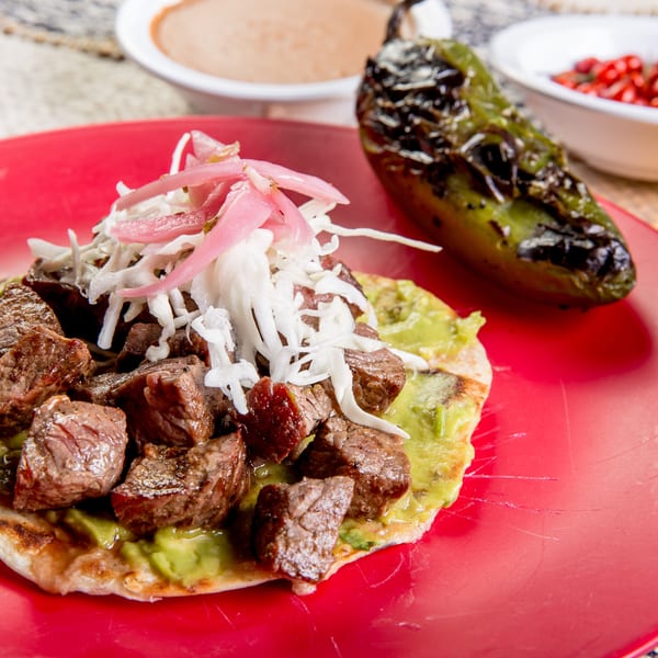 A red plate holds a tortilla topped with steak, guacamole, shredded cabbage, and pickled onions.