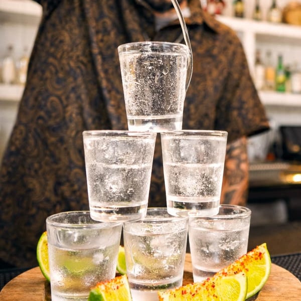 A bartender pours liquid into a pyramid of shot glasses, garnished with lime wedges on a wooden tray.
