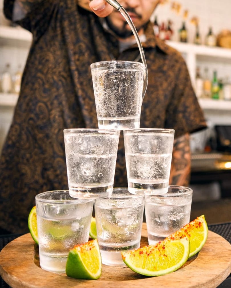 A bartender pours liquid into a pyramid of shot glasses, garnished with lime wedges on a wooden tray.